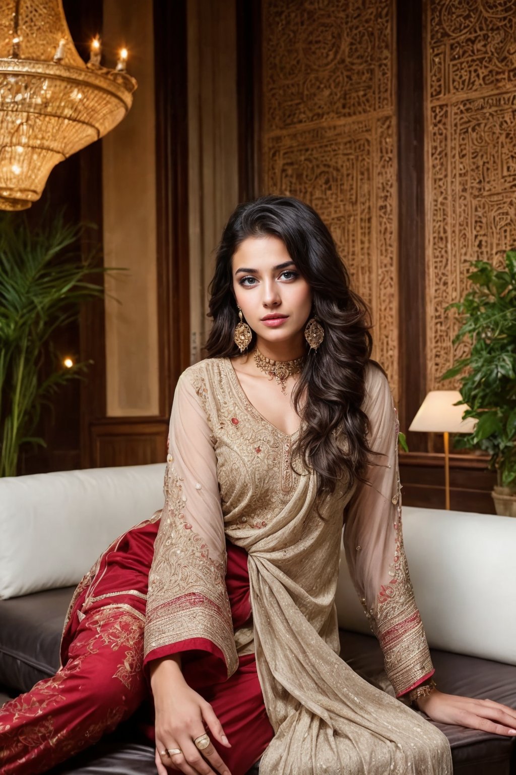 beautiful cute young attractive girl indian, teenage girl, village girl,18 year old,cute, instagram model,long black hair . Imagine a Pakistani woman wearing a stunning white shalwar kameez, reclining gracefully in a lavish hotel lobby, her confidence evident in her posture, her chest subtly accentuated, adorned with intricate jewelry and elegant earrings, 3D rendering, focusing on lifelike textures and lighting effects, --ar 16:9 --v 5