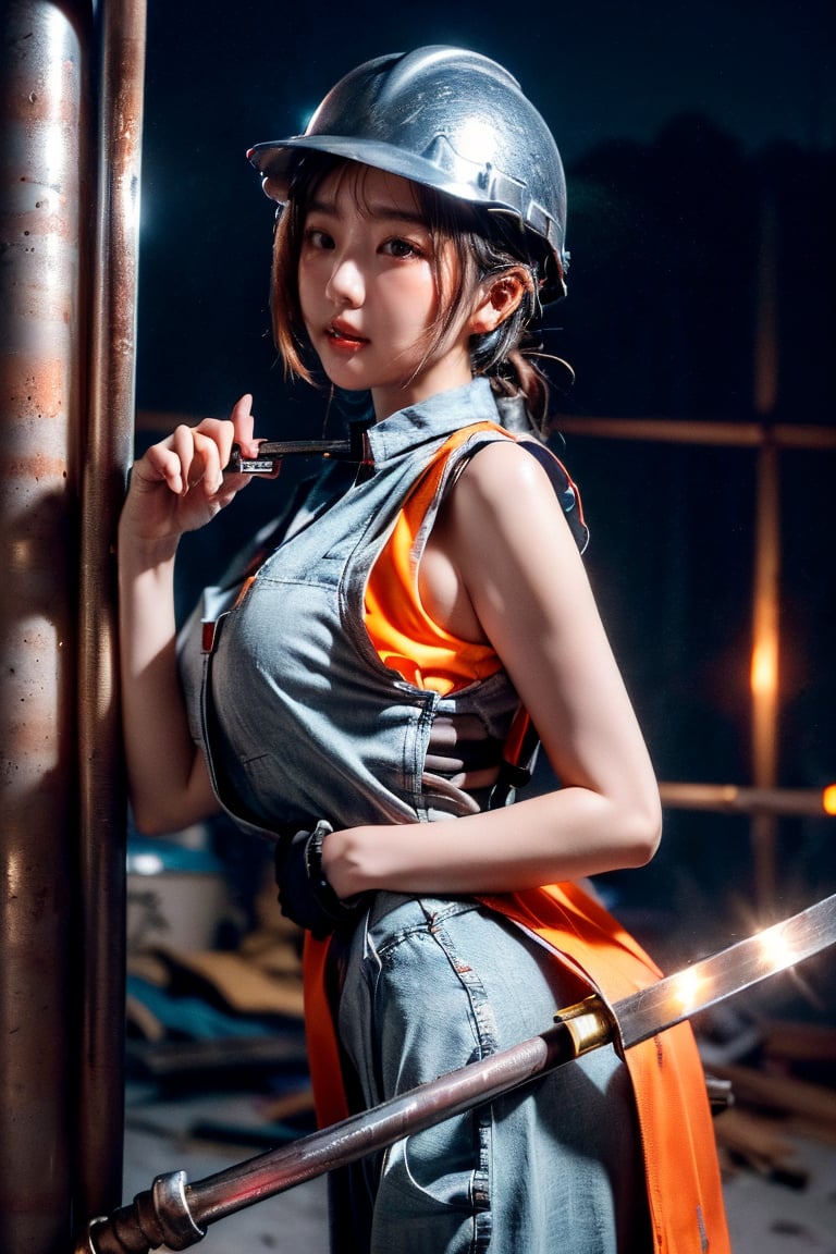 ((Young taiwanese Female wearing safety vest without clothes and biting a thick curved steel bar in construction site)), ((safety helmet and vest )),(((biting a thick curved bended steel bar, and the bar is broken ))),Exquisite details and textures, cinematic shot, Warm tone, wide shot , ,laoliang 