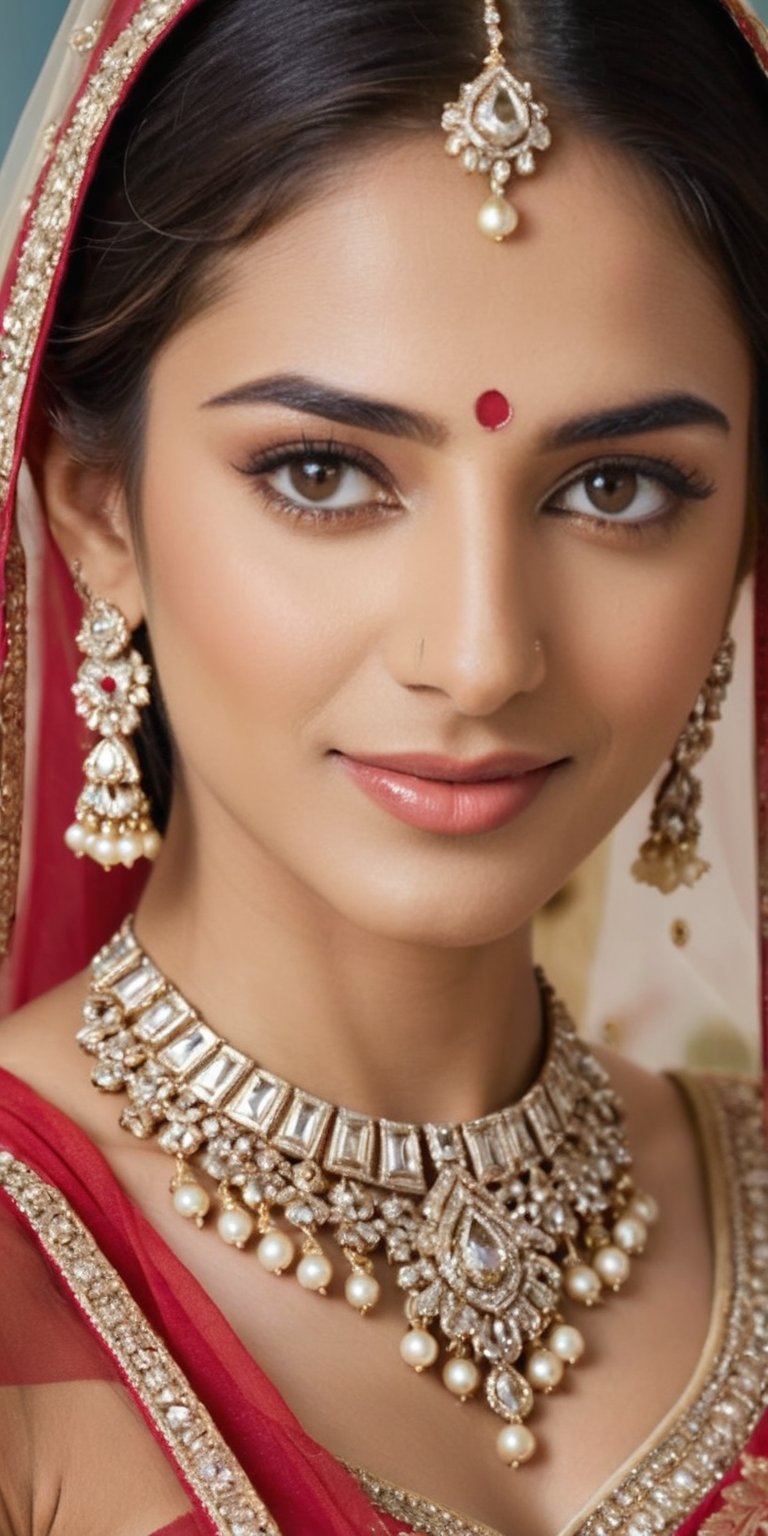 Bridal Radiance A close-up portrait of an Indian bride, showcasing elaborate bridal jewelry, henna-adorned hands, and a stunning lehenga, with a radiant smile.
