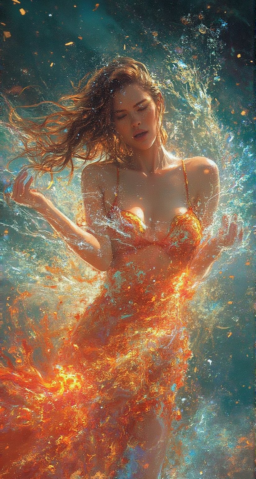 stunning feminine body, commercial image, beautiful girl from Spain | holographic photography shoots, large body of water sprayed, liquid splashing all over the places, street pop, luminous palette, close up, realistic impressionism, shiny/glossy, extreme colorsplash, behind that a universe of vortex of fire waves and ice waves, around fire splashes and ice splashes and floral, bonsais, roots, smoke swirls, dust swirls, tentacles of fire and ice, s-curve composition, leading lines, cinematic, style of hokusai, unreal engine, octane render, asymetric, golden ratio, style of hokusai, liquid splashes, merging, melting, splashing, droplets, mixing, fading away, exploding, swirling, intricate detail, modelshoot style, dreamlikeart, dramatic lighting. 8k, highly detailed, trending artstation