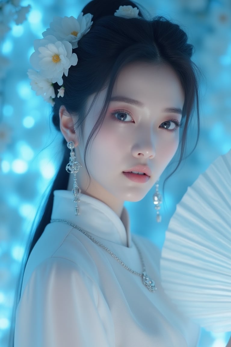 A close-up shot of a Asian woman in a white chinese clothes with a silver necklace and earrings. She is holding a white fan. The woman's hair is adorned with white flowers adding a touch of beauty to the scene. creating a soft focus on the woman's face. neon lighting. (cover the background wall with light blue flowers:1.3), (looking at viewer, upper body),Spider spirit Fourth sister