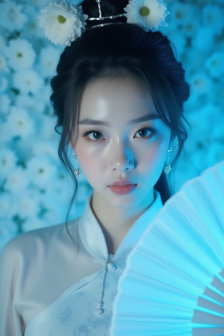 A close-up shot of a Asian woman in a white chinese clothes with a silver necklace and earrings. She is holding a white fan. The woman's hair is adorned with white flowers adding a touch of beauty to the scene. creating a soft focus on the woman's face. neon lighting. (cover the background wall with light blue flowers:1.3), (looking at viewer, upper body),Spider spirit Fourth sister