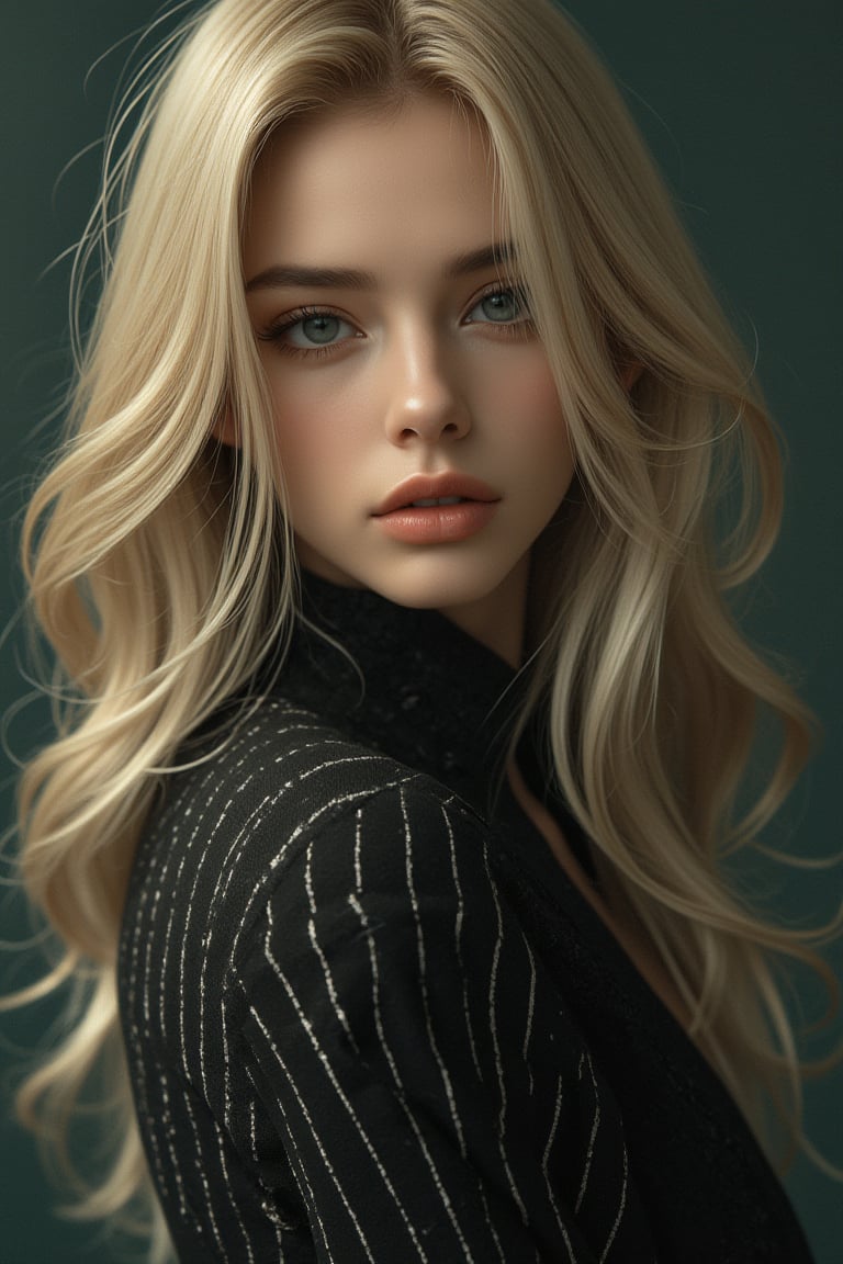 Realistic close-up shot of a stunning, elegant 20-year-old European woman wearing a dark black striped suit, with long bright blond hair and bright green eyes. She expertly poses a sexy female model with her head raised in a double exposure, incorporating the intricate artistic styles of Alex Stoddard, Natalia Drapina and Brooke Shaden. Surrealism on cracked paper, dynamic, unusual and retro. 128K, Illustration, High Detail, High Budget, Bokeh, Cinema Wide, Moody, Epic, Gorgeous, Film Grain, Grainy, High Quality Photography, 3 Point Cinema Glory Lighting, Soft Focus Flash, Canon EOS R3, HDR, Smooth, Sharp, high-resolution, award-winning action photos, jump photos, 50mm, wide-angle shot, away from camera, full body, f2.8, bokeh, side view.