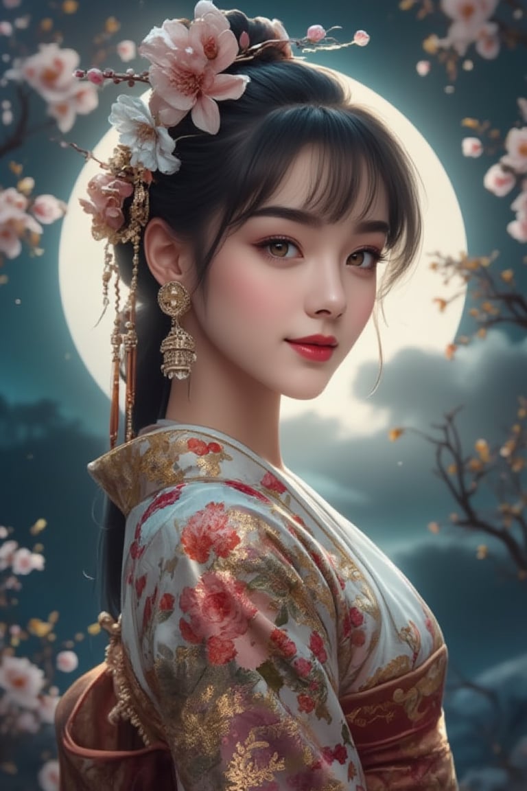 A beautiful and charming European girl, solo, looking at the audience, smiling with slightly parted lips, bangs, hair accessories, golden smart eyes, wearing a beautiful kimono adorned with jewelry, flowers, earrings, and a gorgeous headdress. She stands outdoors in Japanese clothing, with exquisite details, a Japanese kimono, bright moonlight partially covered by a dark cloud, and a tree in the background. Her long thick eyelashes and makeup enhance her charm. The depth of field blurs the background, featuring floral print, cherry blossoms, tassels, and a hair circle. Negative prompt: blurry, low detail, dull colors, no smile, no jewelry, no flowers, no headdress, no moonlight, no tree, no makeup, no depth of field, no floral print, no cherry blossoms, no tassels, no hair circle.