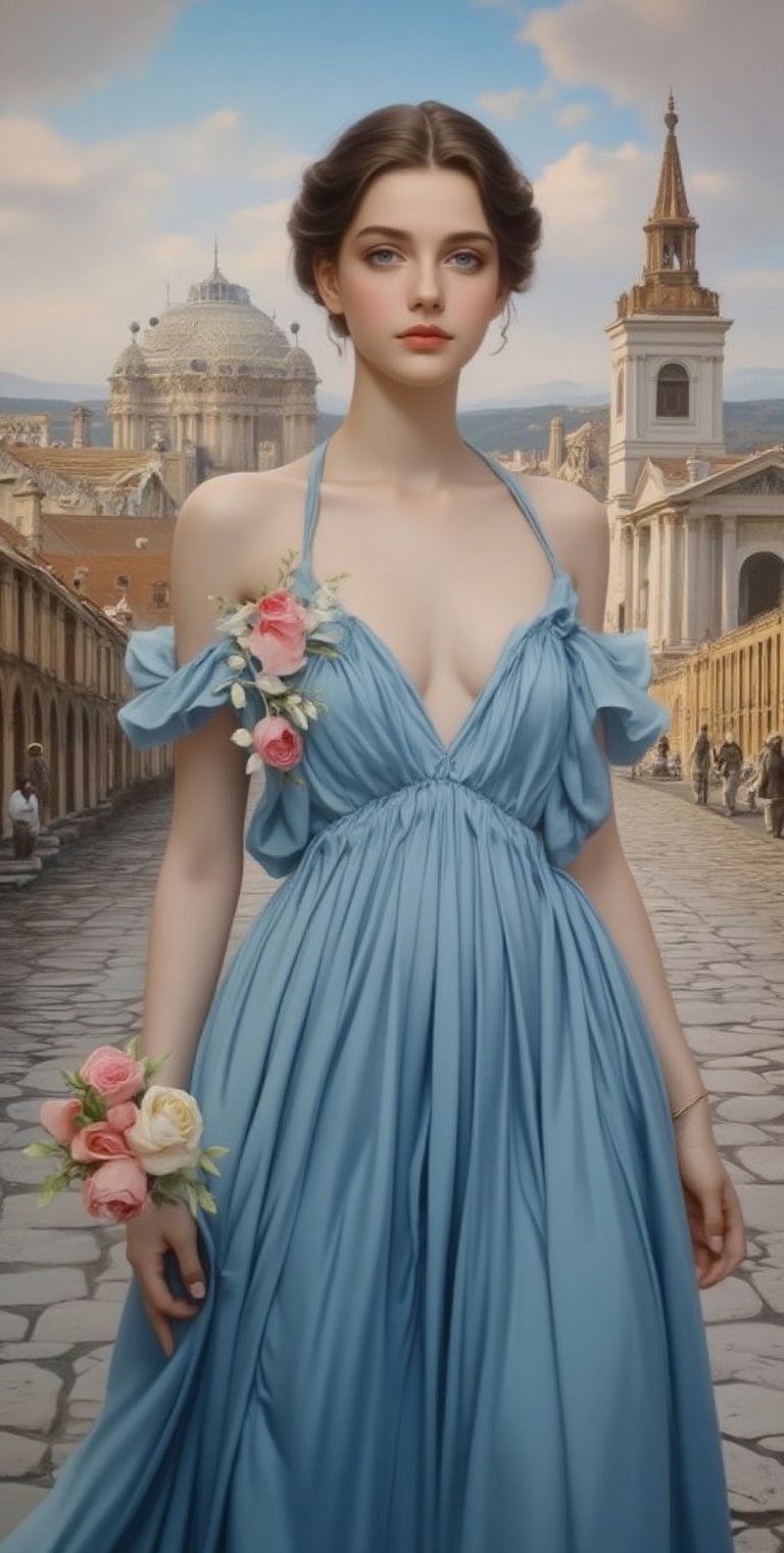 (Masterpiece, high quality, 128K resolution) Face painting of a beautiful and charming woman from a European country, front view (sweet and gentle), wearing a long flowing blue silk dress, beautiful scenery, ruined old city scene, clean lines , tonal romance in fantasy (pastel style, mixed with painting) (surrealism)