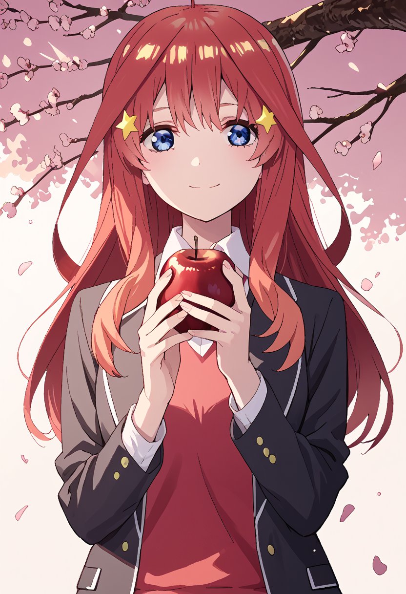 score_9, score_8_up, score_7_up, source_anime,  highly detailed, BREAK, 
  1girl,, upper body, cherry blossoms, nakano itsuki, red hair, long hair, star hair ornament, ahoge, red sweater vest, collared shirt, black blazer,itsuki nakano,bangs,blue eyes,hair between eyes,star \(symbol\),mature female, holding apple,smile,closed Mouth,Itsuki Nakano,score_6_up,score_5_up,score_4_up