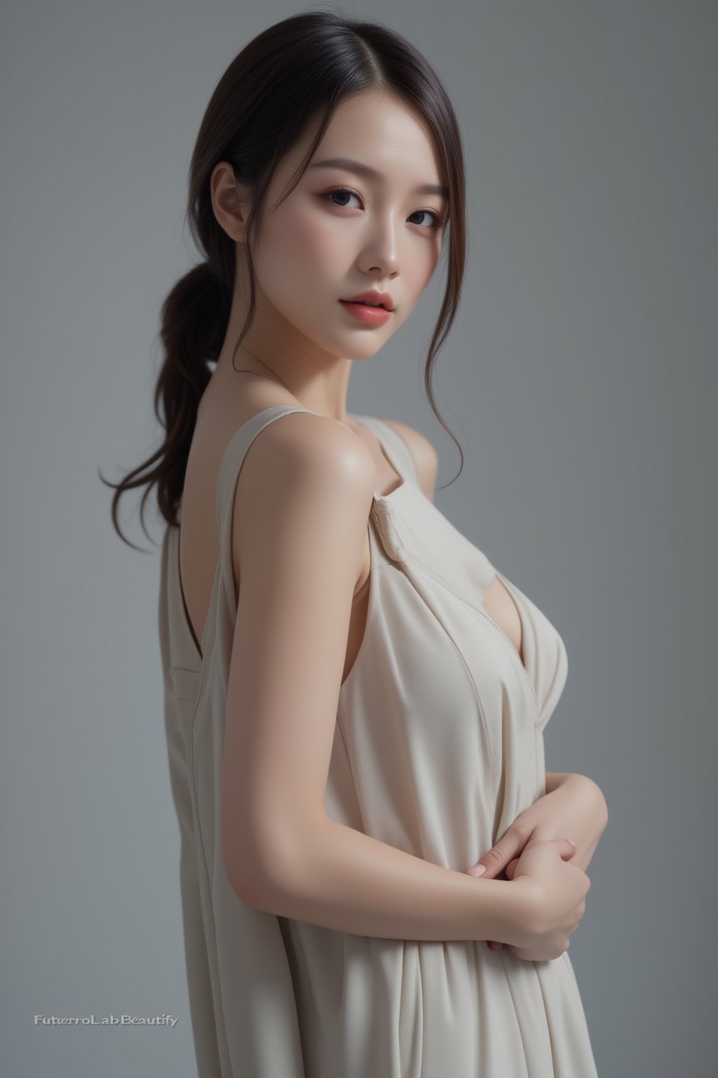 full body shot of a beautiful Japanese female model with an enhanced bust size, confidently posing with elegance. Her sharp yet graceful facial features are highlighted, and she wears a stylish, modern outfit that accentuates her figure while maintaining a sophisticated and polished look. The background is a neutral gray with professional, magazine-quality lighting that enhances her photorealistic skin texture. The overall composition combines high-end fashion photography. The image reflects sophistication, confidence, and modern fashion, with the FuturEvoLabBeautify aesthetic enhancing the visual impact.