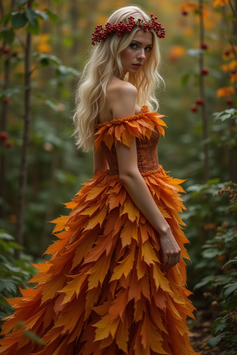 A whimsical full-body portrait of a youthful woman, surrounded by lush foliage. Berries cascade down her golden locks like nature's ornaments. Her slender figure is draped in a flowing, off-the-shoulder gown crafted from vibrant autumn leaves, their rusty hues glistening in the soft, warm light. The dress rustles as she stands amidst a tapestry of earthy tones and verdant greenery, exuding carefree elegance.