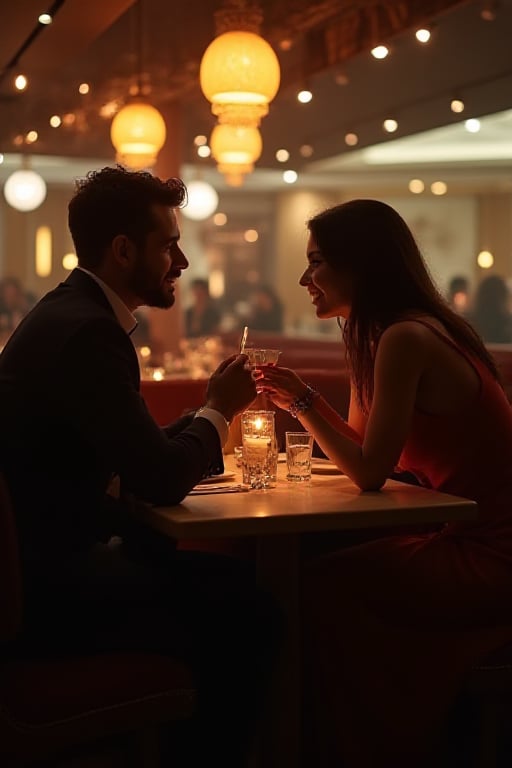 man and woman sitting opposite each other at a diner. both are extreamly beautiful. first date, shy.