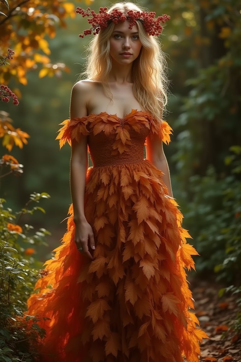 A whimsical full-body portrait of a youthful woman, surrounded by lush foliage. Berries cascade down her golden locks like nature's ornaments. Her slender figure is draped in a flowing, off-the-shoulder gown crafted from vibrant autumn leaves, their rusty hues glistening in the soft, warm light. The dress rustles as she stands amidst a tapestry of earthy tones and verdant greenery, exuding carefree elegance.