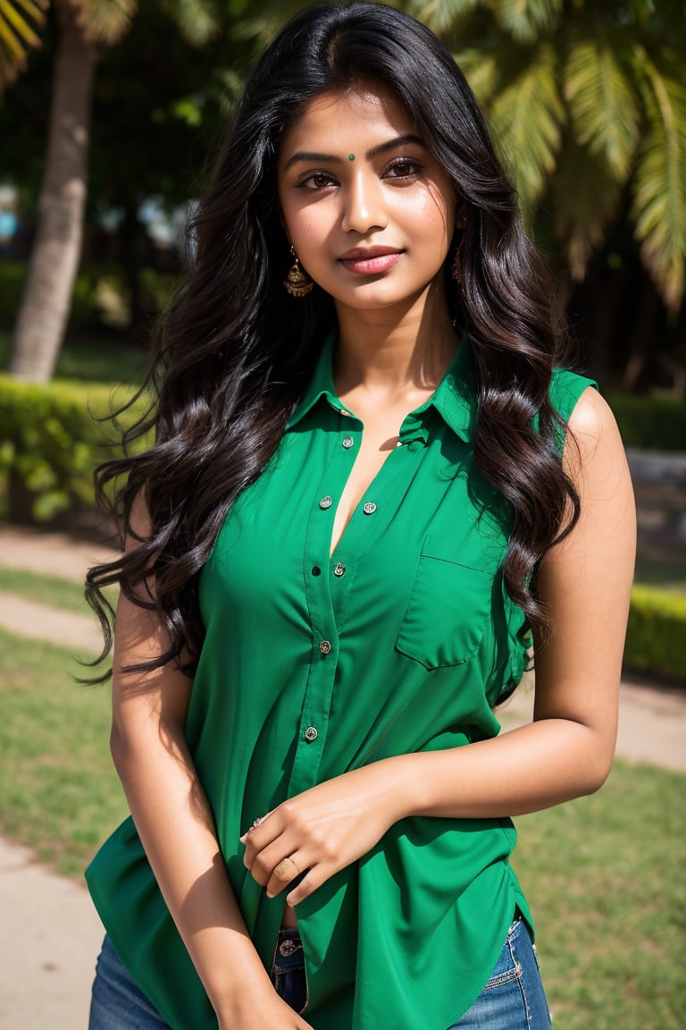 Charming oil fashion portrait of a sexy babe. Slender and curvy, fit and sexy indian woman with long wavy hair, 18 years old . She is wear dennim and green shirt ,Background should be book show,fashion, portrait photography, photo