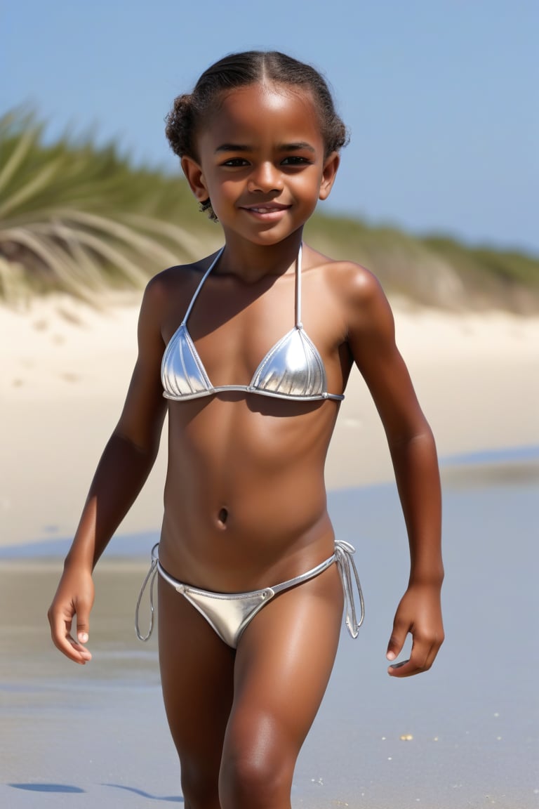 Jorge  varon africano de 12 años hermoso, de rasgos finos, usando un micro bikini de plata, caminando por la orilla de la playa detailmaster2