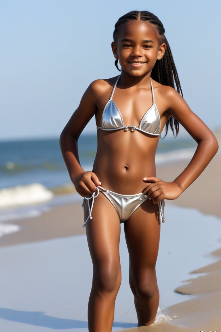 Jorge  varon africano de 12 años hermoso, de rasgos finos, usando un micro bikini de plata, caminando por la orilla de la playa detailmaster2