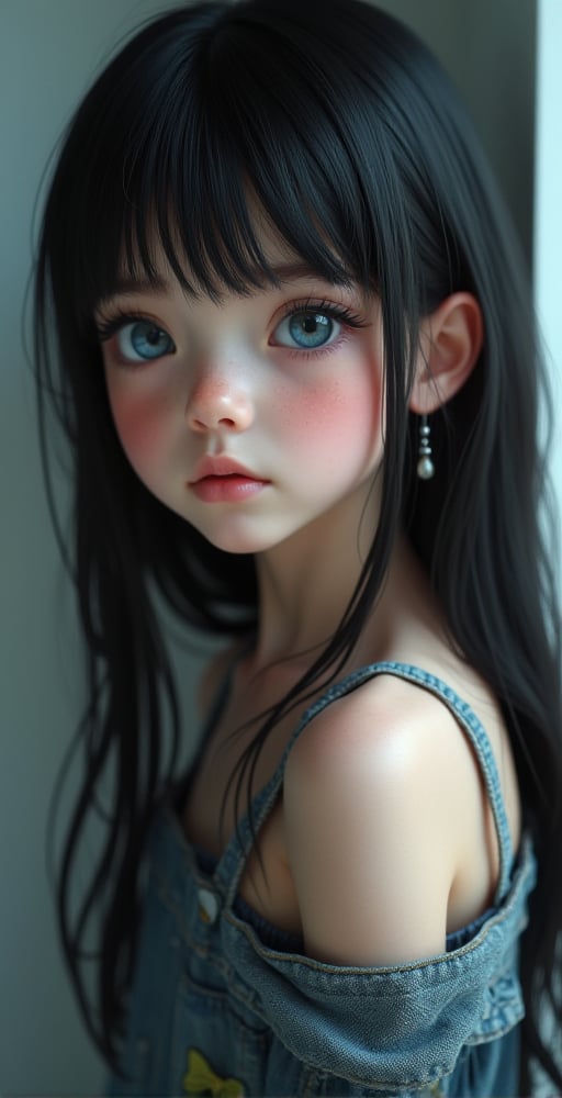 12yo little tween girl with slim body, petite, Black hair blue eyes, pale skin, very beautiful, beautiful face, 8K. HDR, Masterpiece, Hyperrealistic,full body view,