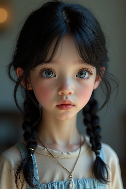 12yo little tween girl with slim body, petite, Black hair blue eyes, pale skin, very beautiful, beautiful face, 8K. HDR, Masterpiece, Hyperrealistic,full body view,