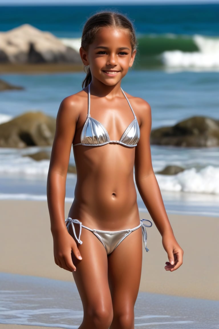 Jorge  varon africano de 12 años hermoso, de rasgos finos, usando un micro bikini de plata, caminando por la orilla de la playa detailmaster2