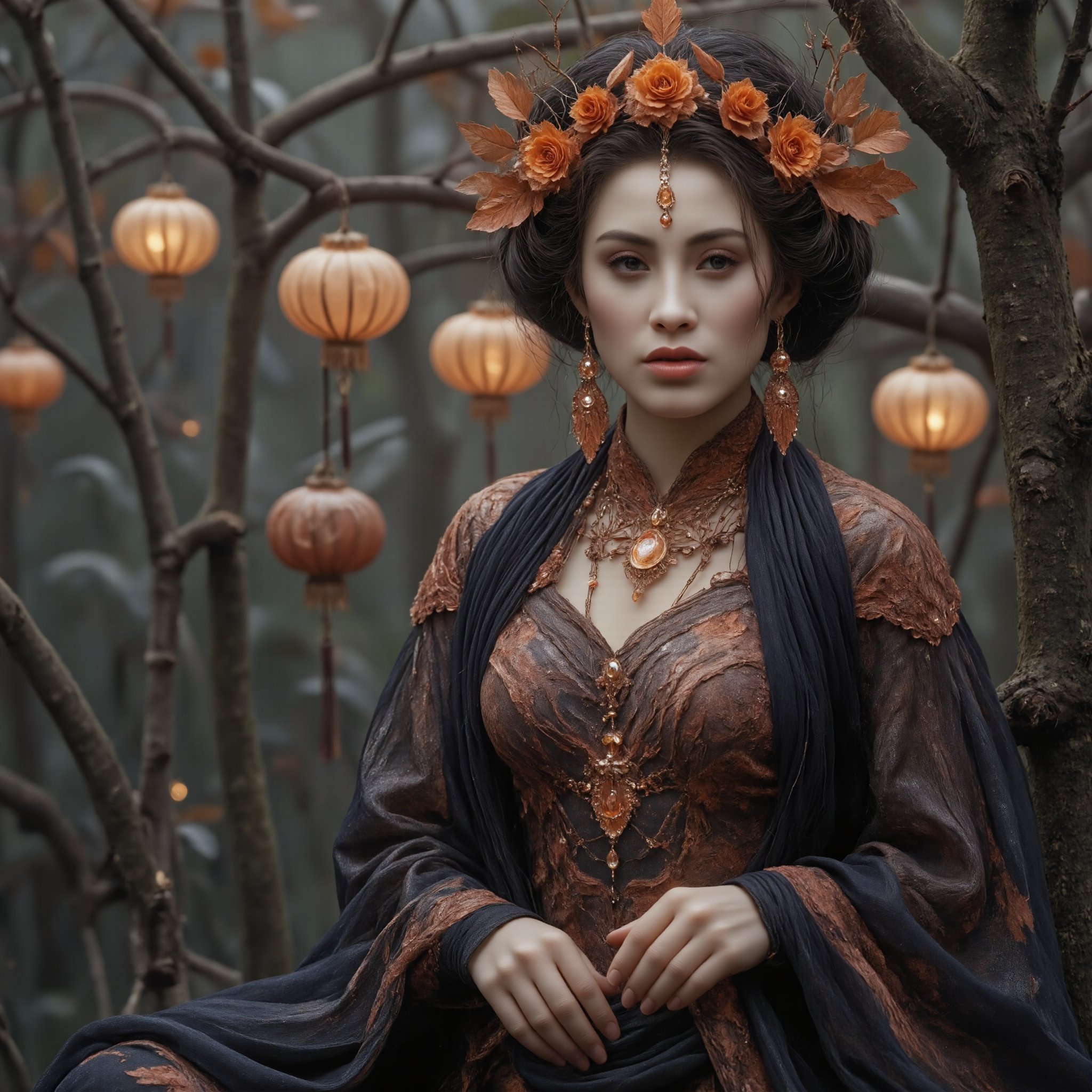 A traditional Vietnamese woman wearing a modern Halloween twist, her outfit adorned with intricate pumpkin patterns, bats, and ghostly motifs, illuminated under soft moonlight. Her face is elegantly painted with subtle Halloween makeup, blending Vietnamese beauty with spooky themes. The background features a vibrant festival atmosphere with glowing lanterns and eerie shadows, capturing the mystique of Halloween in a cultural fusion. Highly detailed, cinematic lighting, photorealistic.