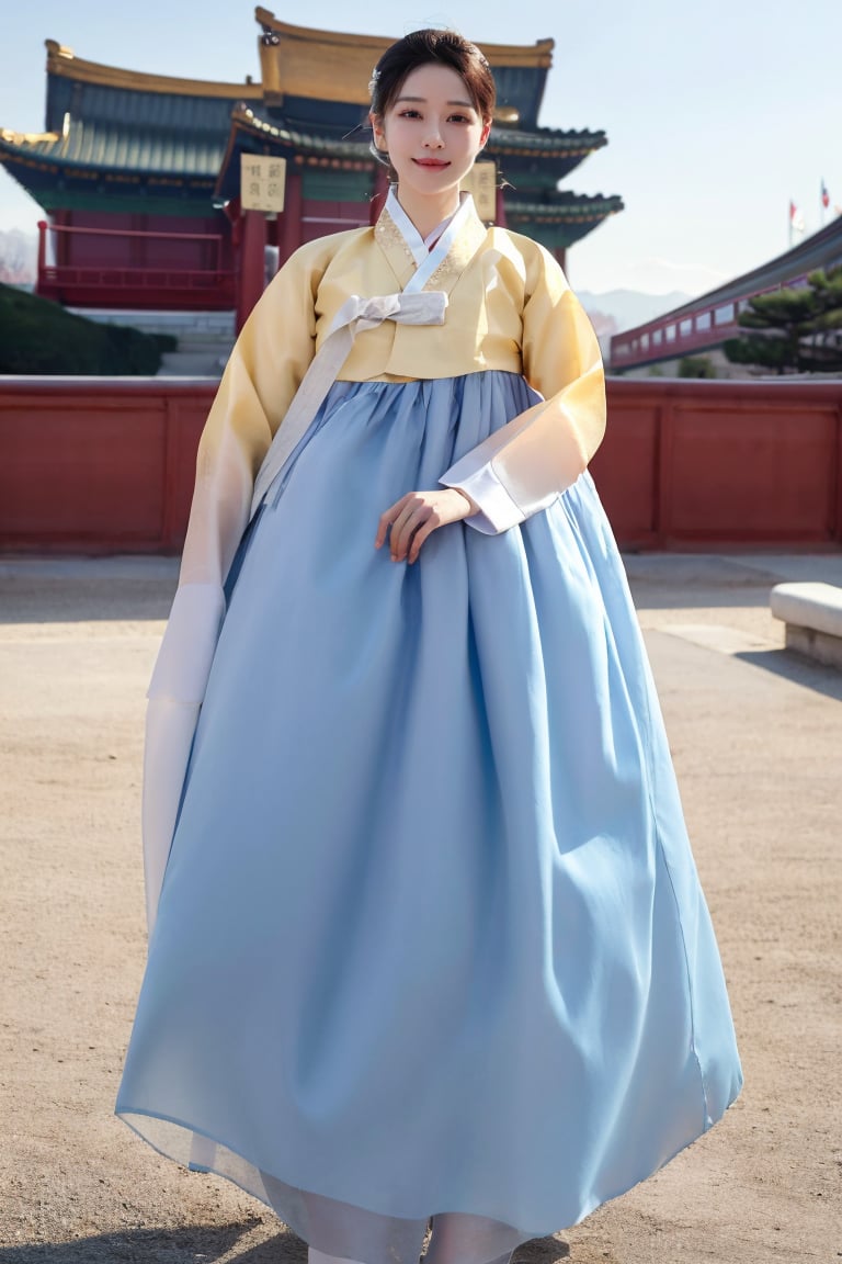 best quality , masterpiece ,(ultra detailed), (highres),1girl,solo,Wearing traditional Korean hanbok,
Standing with Gyeongbokgung Palace in the background,JeeSoo 