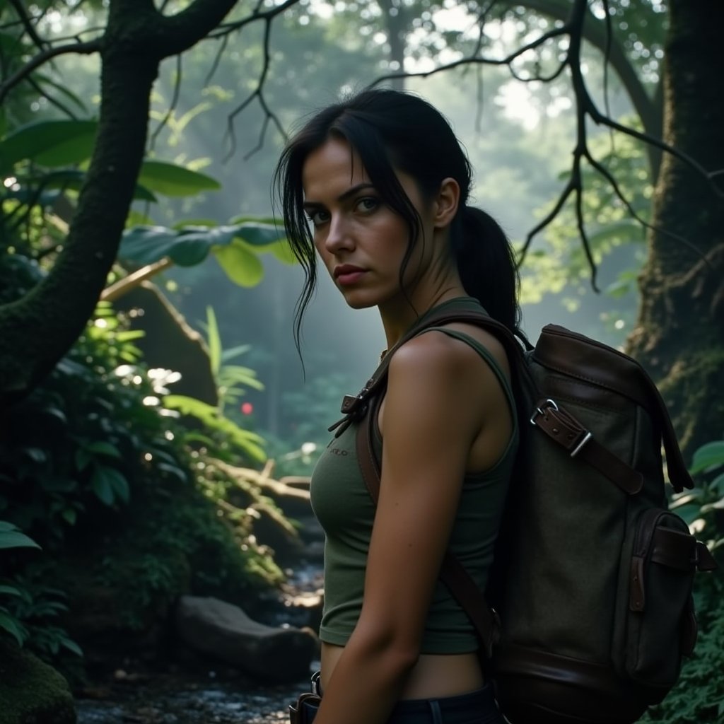 Lara Croft, the iconic Tomb Raider, stands confidently amidst the lush, vibrant foliage of a dense jungle. Framed by the towering trees and vines, her determined gaze and rugged attire evoke a sense of adventure and discovery. Soft, dappled light filters through the canopy above, highlighting the contours of her face and the worn leather straps on her backpack.