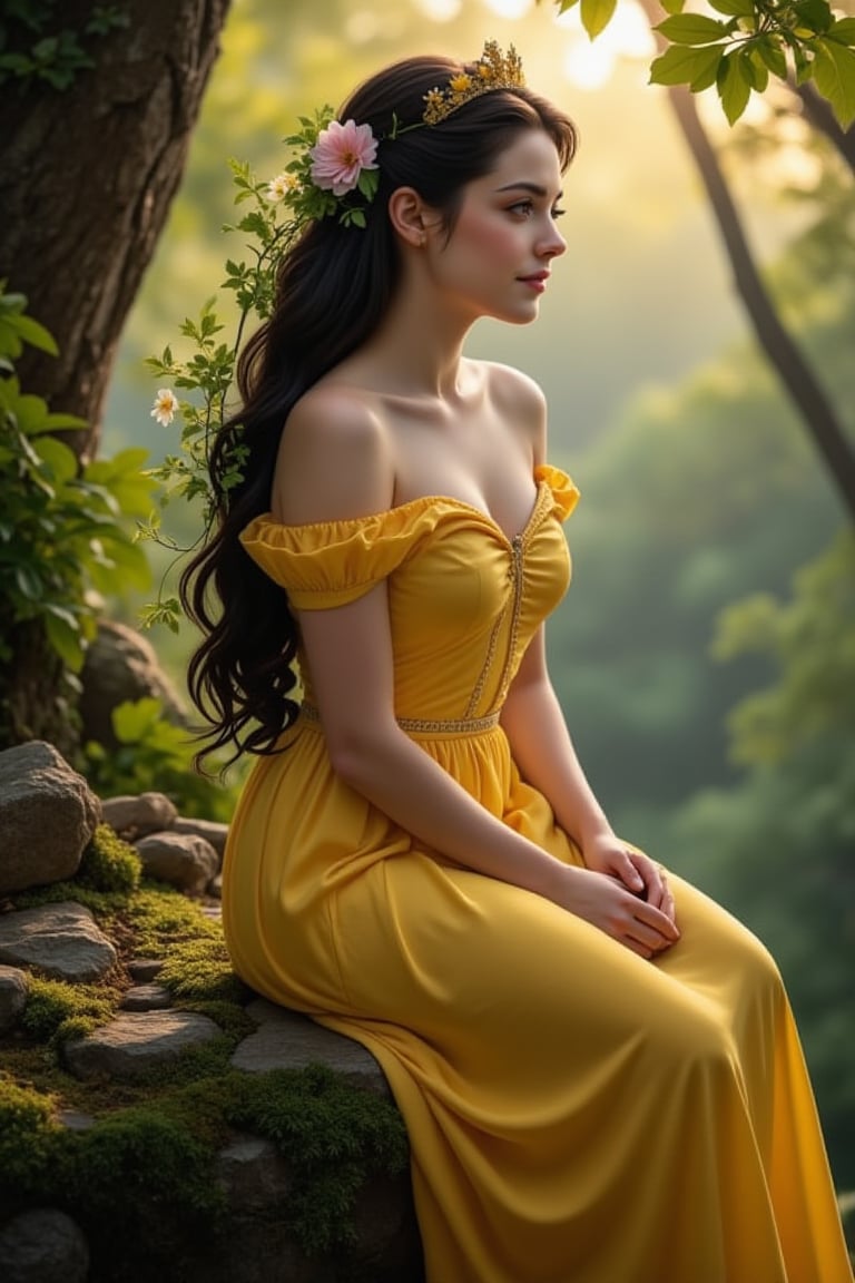 A raw, high-quality photo captures Snow White sitting regally on a moss-covered stone, her porcelain skin glowing under the soft, golden light filtering through the treetops. The Disney princess's elegant features are framed by the lush greenery, with delicate vines and flowers woven into her raven-black hair.,beauy_ks01