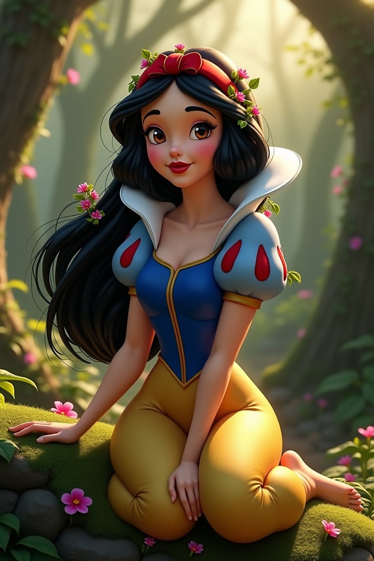 A raw, high-quality photo captures Snow White sitting regally on a moss-covered stone, her porcelain skin glowing under the soft, golden light filtering through the treetops. The Disney princess's elegant features are framed by the lush greenery, with delicate vines and flowers woven into her raven-black hair.,tronggg