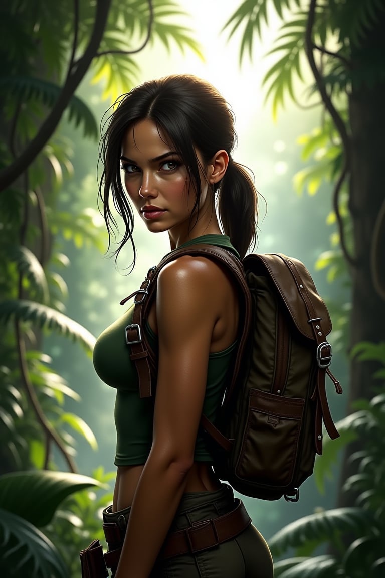 Lara Croft, the iconic Tomb Raider, stands confidently amidst the lush, vibrant foliage of a dense jungle. Framed by the towering trees and vines, her determined gaze and rugged attire evoke a sense of adventure and discovery. Soft, dappled light filters through the canopy above, highlighting the contours of her face and the worn leather straps on her backpack.