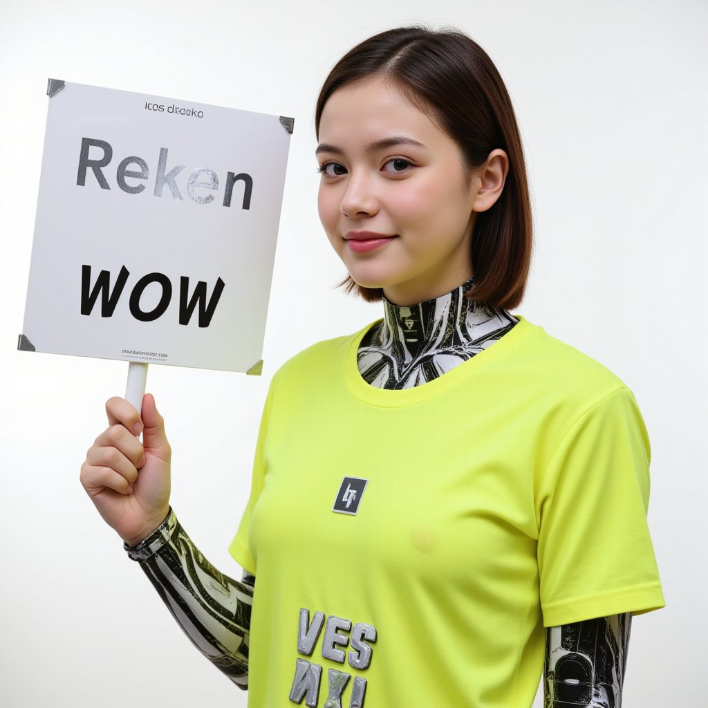 Robot girl, wearing neon shirt, standing next to a sign with the word "WOW"