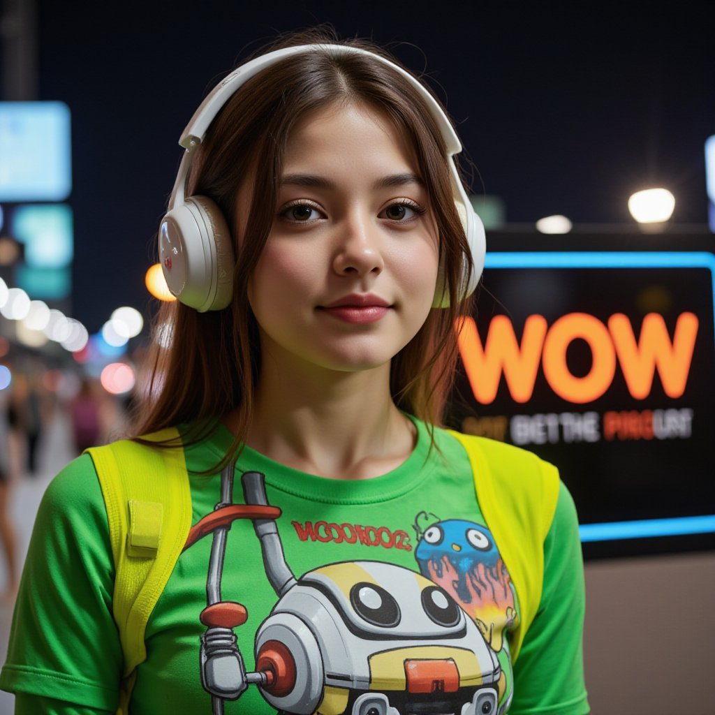 Robot girl, wearing neon shirt, standing next to a sign with the word "WOW"