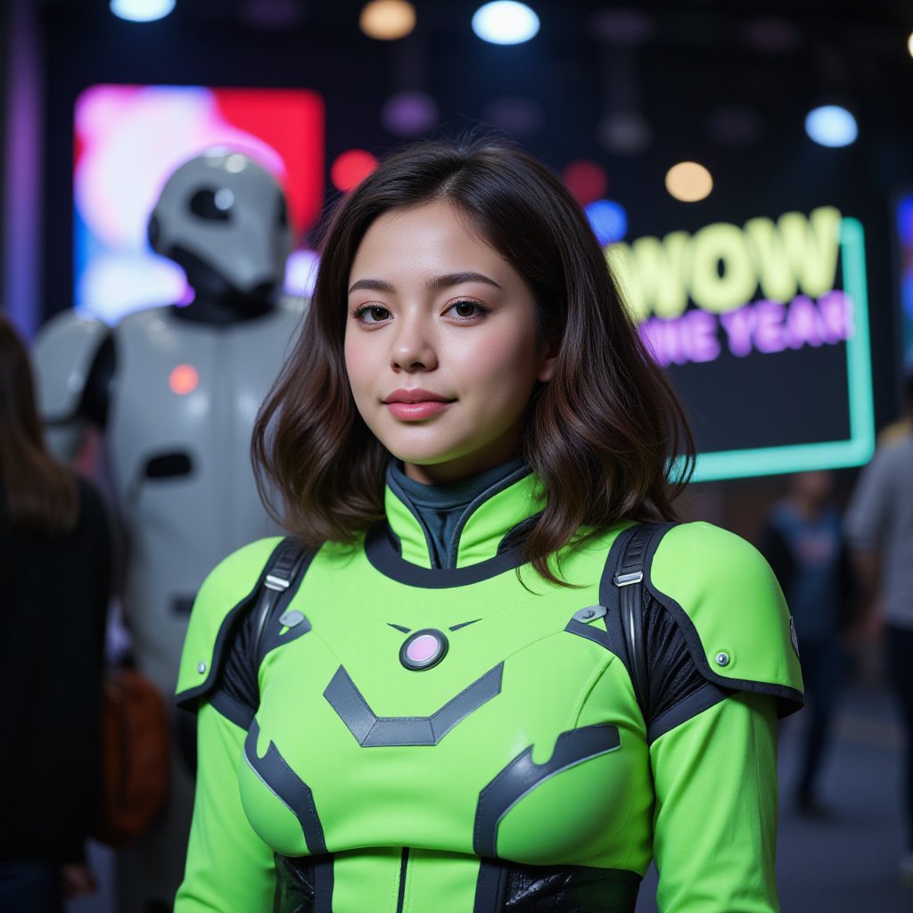 Robot girl, wearing neon shirt, standing next to a sign with the word "WOW"