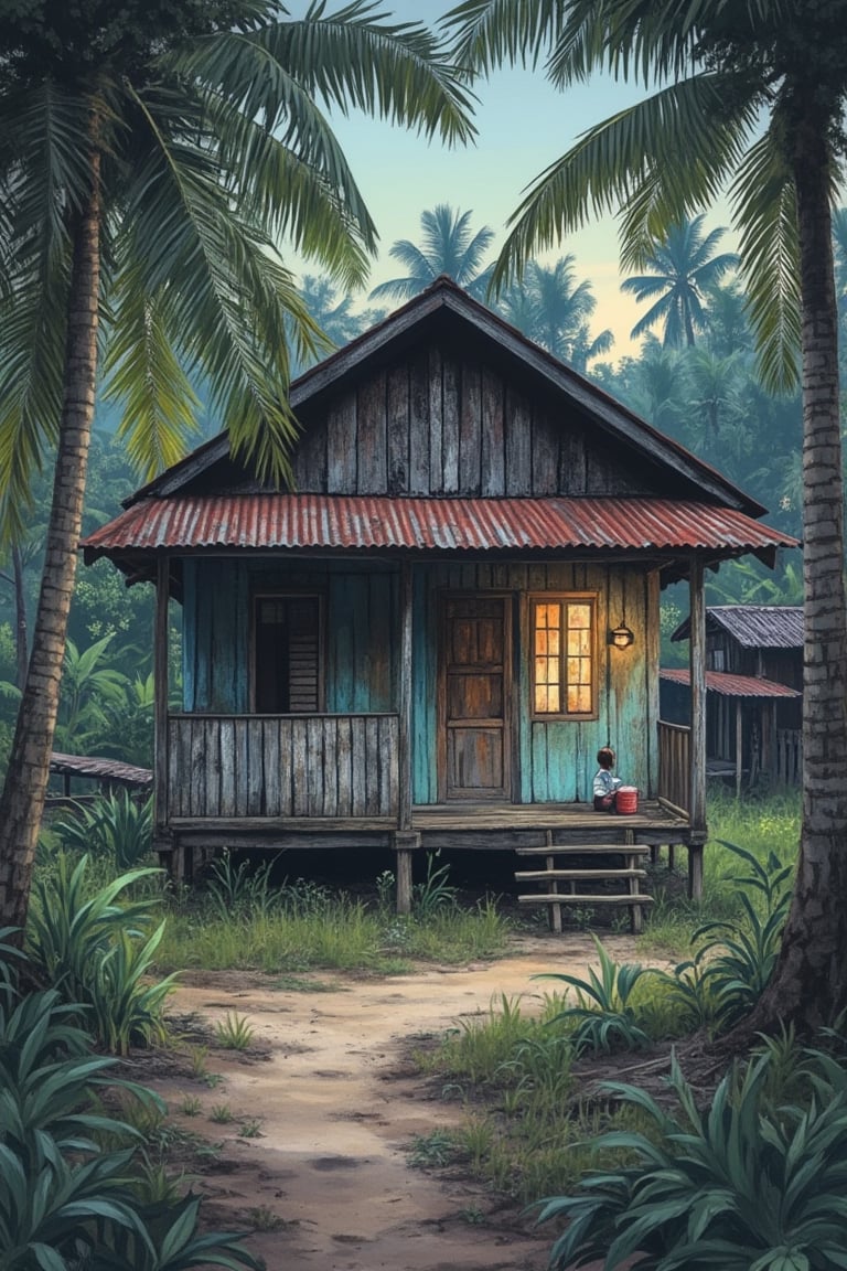 A serene evening in a Malay village, a worn wooden traditional Perak house with a villager around, surrounded by coconut trees and a small hut. The scene is set in a tropical forest, with a pastel minimalist palette inspired by Laivi Poder's gouache style. The lighting is soft and nostalgic, creating an eye-soothing, neat, and toned atmosphere. The composition captures the anecdotal journey of life, with hidden wonders and nature scenes in a beautiful, complicated world setting.