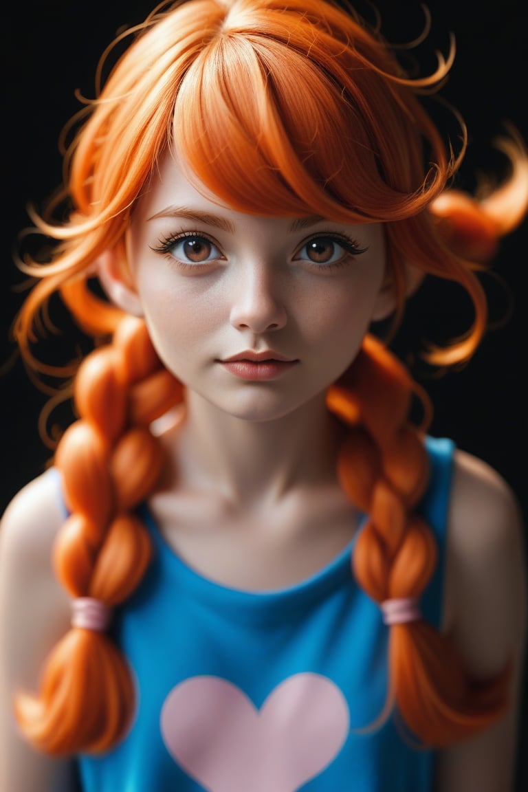 score_9, score_8_up, score_7_up, 1girl,solo,orange hair, braids 3 different eye colors: blue eyes, brown eyes, black eyes, perfect anatomy, source_real,penny_(\warioware\)