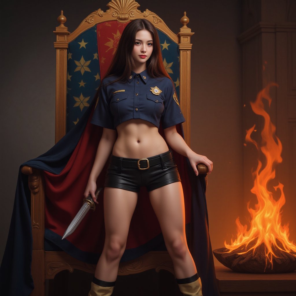 Picture of a woman wearing a police uniform, short skirt, holding a sword, next to a burning throne