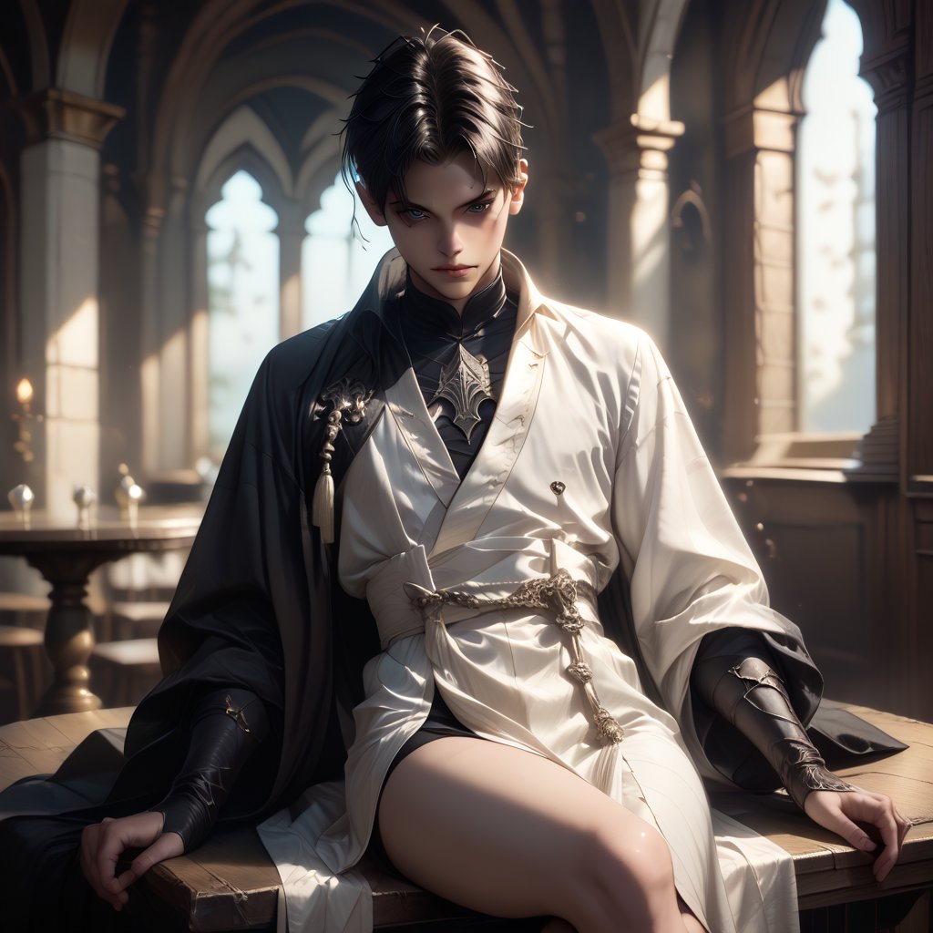 2B from Nier Automata in a tinted monk outfit with black horns in a black and white monastery sitting on a table with his legs crossed,score_9