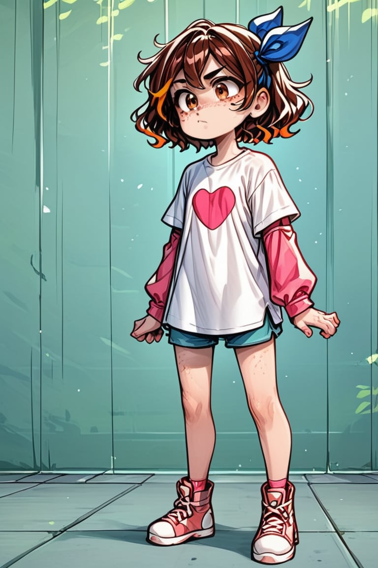 Cartoon style, action line, white t-shirt with pink sleeves, hair ribbon, blue ribbon, full body,

1 girl, young girl, little girl, Sofía, brown hair with orange highlights, brown eyes, freckles, light skin, Short hair, face of disappointment
