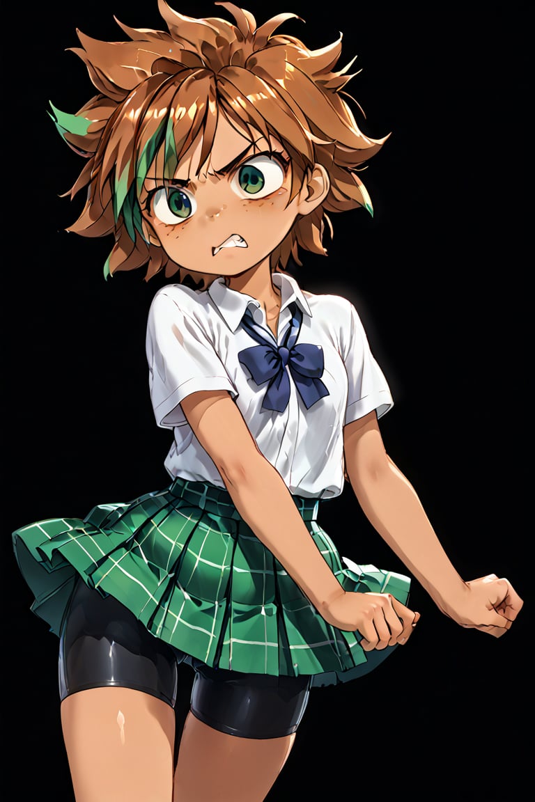 action lines, face of disappointment, slightly angry, Black background, Short hair, School uniform, white polo shirt, short green plaid skirt, Black bike shorts under the skirt.

Helena, freckles, 1 girl, young girl, reddish brown hair with green highlights, dark green eyes, latina, Sunburned skin, brown skin,

texture, quality, and color of your photos and illustrations while minimizing the effect on the composition.