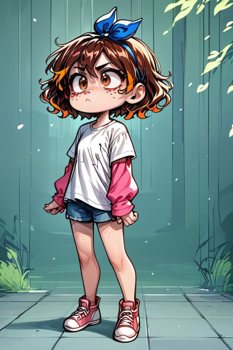 Cartoon style, action line, white t-shirt with pink sleeves, hair ribbon, blue ribbon, full body,

1 girl, young girl, little girl, Sofía, brown hair with orange highlights, brown eyes, freckles, light skin, Short hair, face of disappointment
