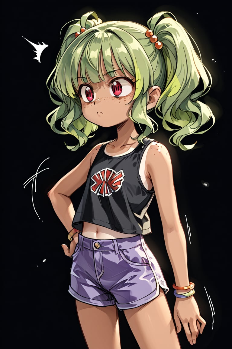 action lines, slightly annoying, face of disappointment, black background, short purple shorts, short black top,

1 girl, young girl, sunburned skin, brown skin, brown eyes, freckles, Latina, tanning line, bright lime green hair,

Create a detailed character with greenish blonde hair styled into two high, voluminous pigtails, each one flaring outward with a lot of fluff and shape. The pigtails should be wide, exaggerated, and playful, resembling the style seen in animated characters,

texture, quality, and color of your photos and illustrations while minimizing the effect on the composition.

Retro Anime, Vintage Style, Detailed Cartoon Style, Slightly Realistic Style