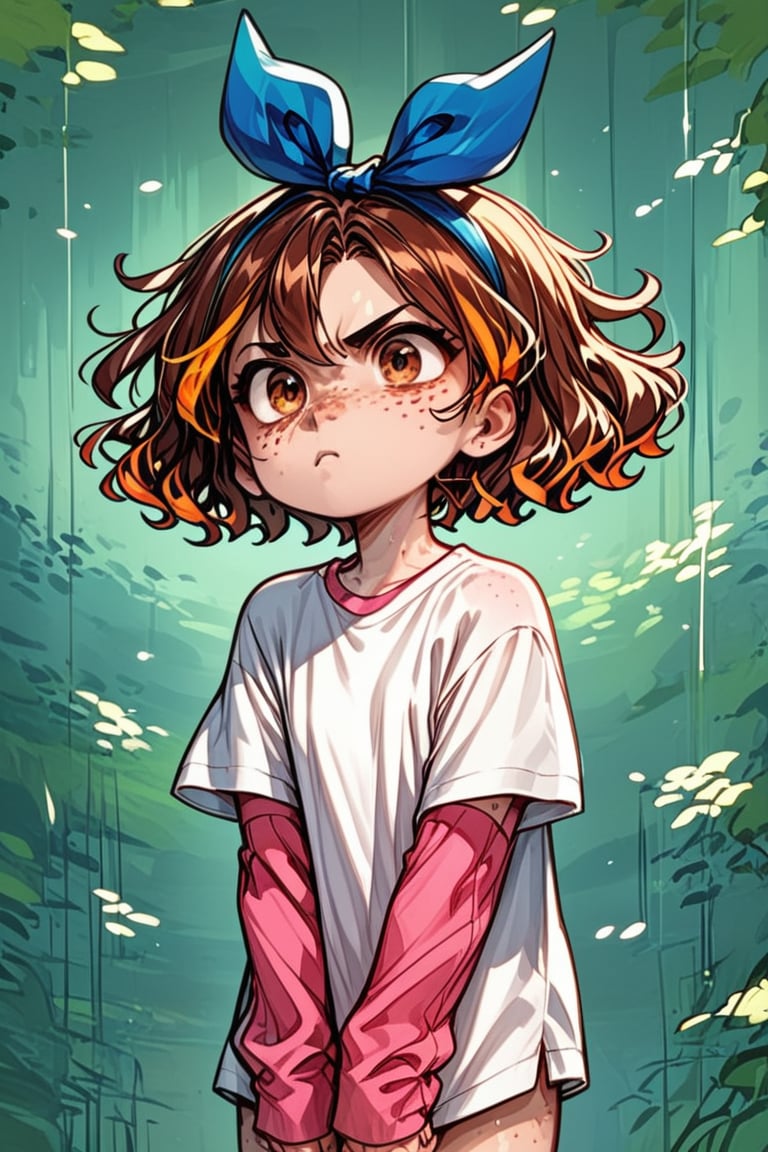 action line, white t-shirt with pink sleeves, hair ribbon, blue ribbon, full body,

1 girl, young girl, little girl, Sofía, brown hair with orange highlights, brown eyes, freckles, light skin, Short hair, face of disappointment,

score_9,score_8_up,score_7_up,score_6_up,score_5_up,score_4_up
