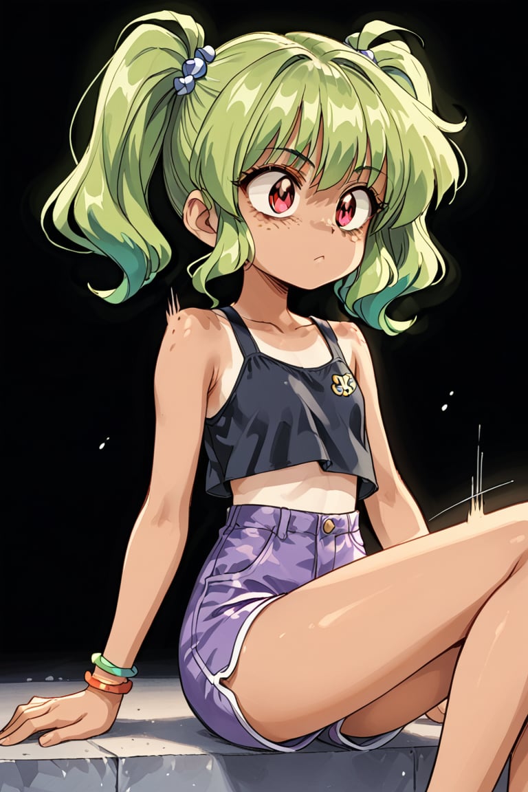 action lines, slightly annoying, face of disappointment, black background, short purple shorts, short black top,

1 girl, young girl, sunburned skin, brown skin, brown eyes, freckles, Latina, tanning line, bright lime green hair,

Create a detailed character with greenish blonde hair styled into two high, voluminous pigtails, each one flaring outward with a lot of fluff and shape. The pigtails should be wide, exaggerated, and playful, resembling the style seen in animated characters,

texture, quality, and color of your photos and illustrations while minimizing the effect on the composition.

Retro Anime, Vintage Style, Detailed Cartoon Style, Slightly Realistic Style