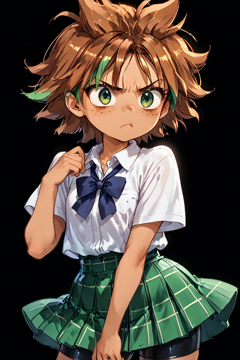 action lines, face of disappointment, slightly angry, Black background, Short hair, School uniform, white polo shirt, short green plaid skirt, Black bike shorts under the skirt.

Helena, freckles, 1 girl, young girl, reddish brown hair with green highlights, dark green eyes, latina, Sunburned skin, brown skin,

texture, quality, and color of your photos and illustrations while minimizing the effect on the composition.
score_9, score_8_up, score_7_up, score_6_up, score_5_up, score_4_up anime source.