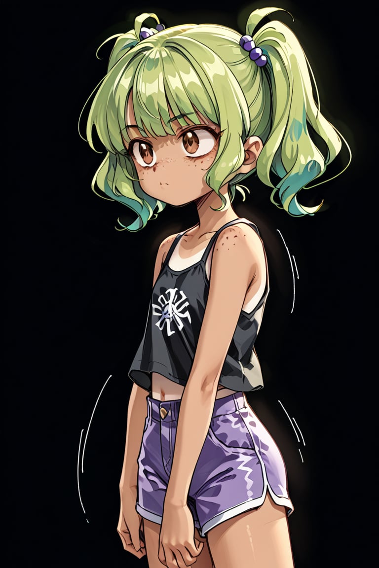 action lines, slightly annoying, face of disappointment, black background, short purple shorts, short black top,

1 girl, young girl, sunburned skin, brown skin, brown eyes, freckles, Latina, tanning line, bright lime green hair,

Create a detailed character with greenish blonde hair styled into two high, voluminous pigtails, each one flaring outward with a lot of fluff and shape. The pigtails should be wide, exaggerated, and playful, resembling the style seen in animated characters,

texture, quality, and color of your photos and illustrations while minimizing the effect on the composition.

Retro Anime, Vintage Style, Detailed Cartoon Style, Slightly Realistic Style