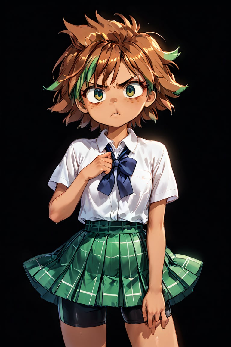 action lines, face of disappointment, slightly angry, Black background, Short hair, School uniform, white polo shirt, short green plaid skirt, Black bike shorts under the skirt.

Helena, freckles, 1 girl, young girl, reddish brown hair with green highlights, dark green eyes, latina, Sunburned skin, brown skin,

texture, quality, and color of your photos and illustrations while minimizing the effect on the composition.
score_9, score_8_up, score_7_up, score_6_up, score_5_up, score_4_up anime source.