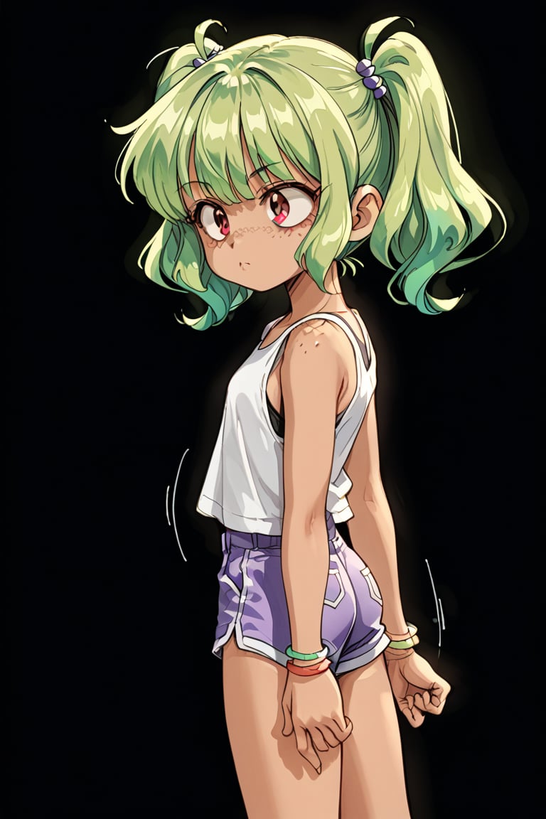 action lines, slightly annoying, face of disappointment, black background, short purple shorts, short black top,

1 girl, young girl, sunburned skin, brown skin, brown eyes, freckles, Latina, tanning line, bright lime green hair,

Create a detailed character with greenish blonde hair styled into two high, voluminous pigtails, each one flaring outward with a lot of fluff and shape. The pigtails should be wide, exaggerated, and playful, resembling the style seen in animated characters,

texture, quality, and color of your photos and illustrations while minimizing the effect on the composition.

Retro Anime, Vintage Style, Detailed Cartoon Style, Slightly Realistic Style