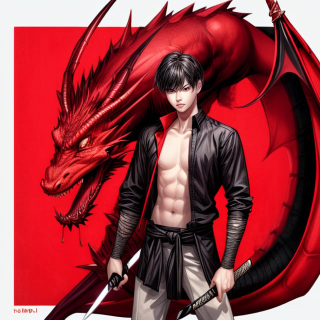 boy, holding, a, sword, in his, right, hand, and, katana, in his, left, hand, behind, him, there, is, aura, red, dragon