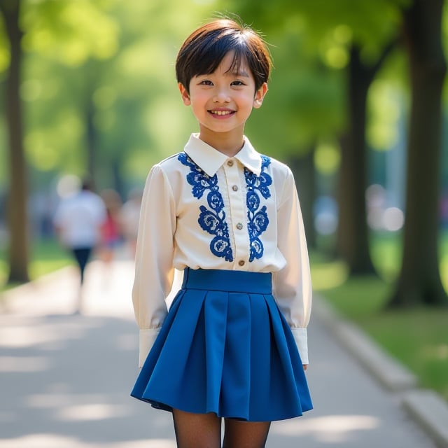 young male with unisex short hair, dark lipstick, eye pencil, and false eyelashes, wearing a blue pleated miniskirt, ivory silk blouse with blue lace embroidery, black stockings, and high-heeled shoes, standing in a public park, 35mm lens shot, mid-shot framing, boy smiling at the camera, natural sunlight, soft shadows, detailed textures, vibrant colors, modern and stylish atmosphere, realistic style.