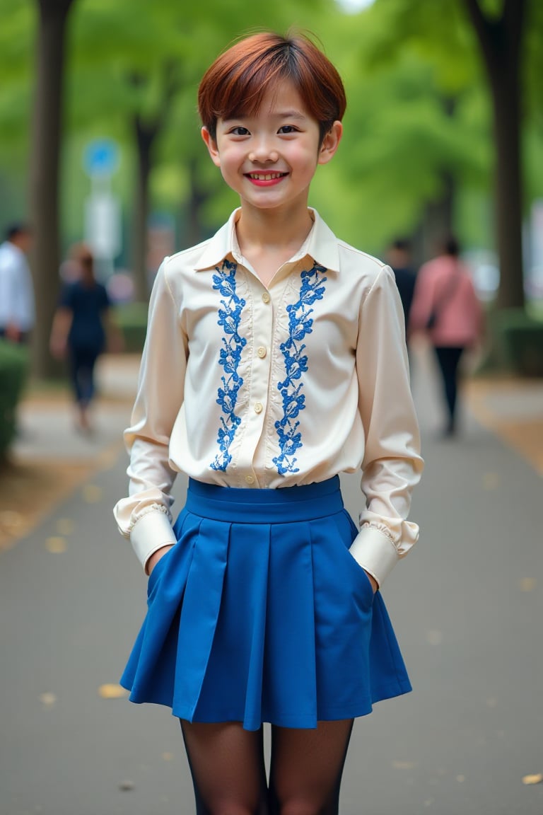 A male teenager with short hair and red lips, wearing a blue pleated miniskirt, ivory silk blouse with blue lace embroidery, black stockings, and high heels. He stands in a public park, smiling at the camera. The photo is shot with a 35mm lens, capturing a close-up of his confident expression against a natural background.