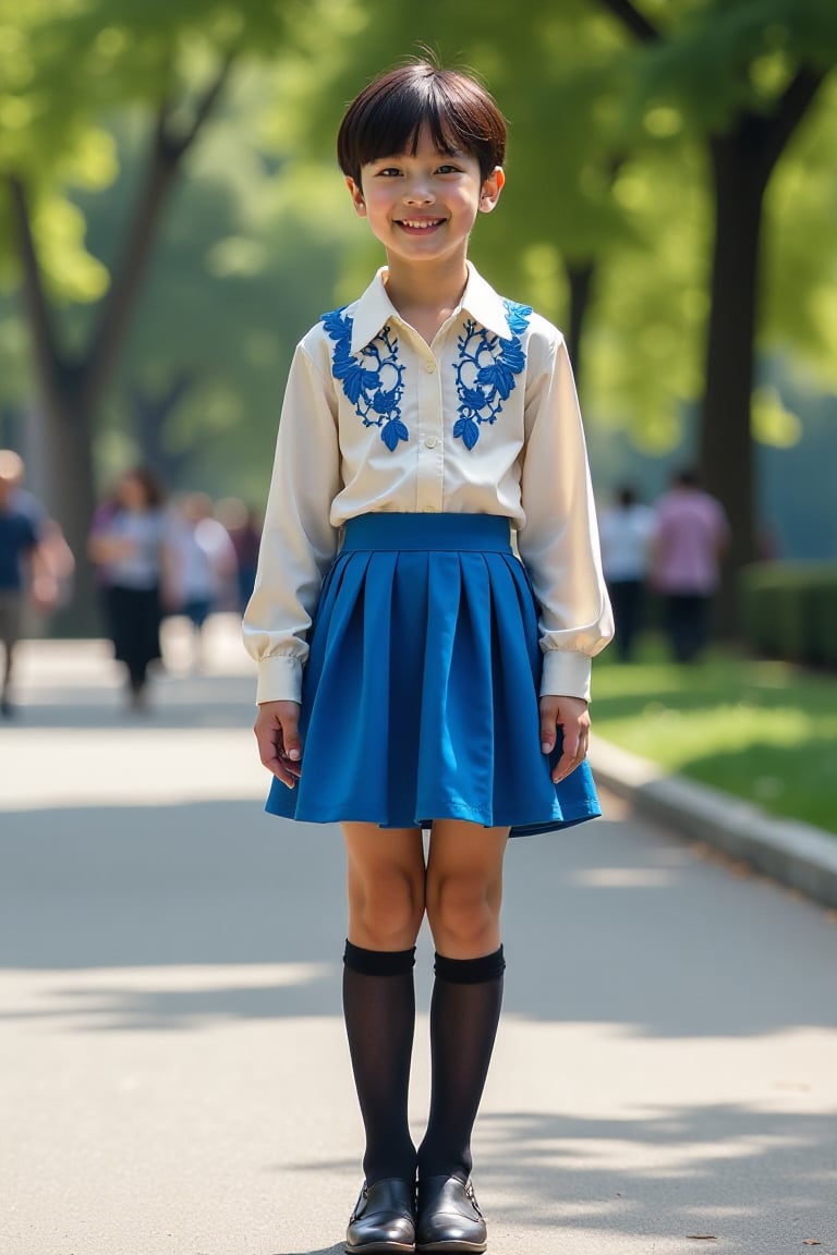 young male with unisex short hair, dark lipstick, eye pencil, and false eyelashes, wearing a blue pleated miniskirt blowing in the wind, ivory silk blouse with blue lace embroidery, black stockings, and high-heeled shoes, standing in a public park, 35mm lens shot, mid-shot framing, boy smiling at the camera, natural sunlight, soft shadows, detailed textures, vibrant colors, modern and stylish atmosphere, realistic style.