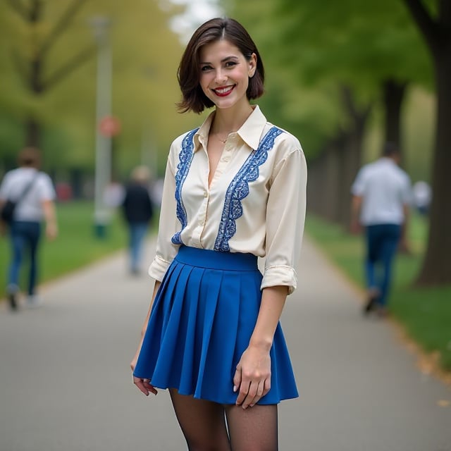 An 18-year-old male crossdresser with dark lipstick, eye pencil, and false eyelashes, wearing a blue pleated miniskirt, ivory silk blouse with blue lace embroidery, black stockings, and high heels. He stands in a public park, smiling at the 35mm lens. Shot from a medium distance, capturing his full-length figure and the park surroundings. Composition highlights his stylish attire and the natural setting.