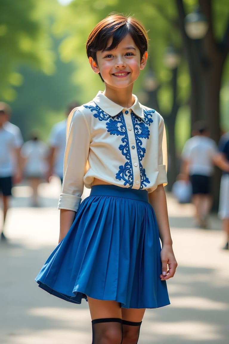 young male with unisex short hair, dark lipstick, eye pencil, and false eyelashes, wearing a blue pleated miniskirt blowing in the wind, ivory silk blouse with blue lace embroidery, black stockings, and high-heeled shoes, standing in a public park, 35mm lens shot, mid-shot framing, boy smiling at the camera, natural sunlight, soft shadows, detailed textures, vibrant colors, modern and stylish atmosphere, realistic style.