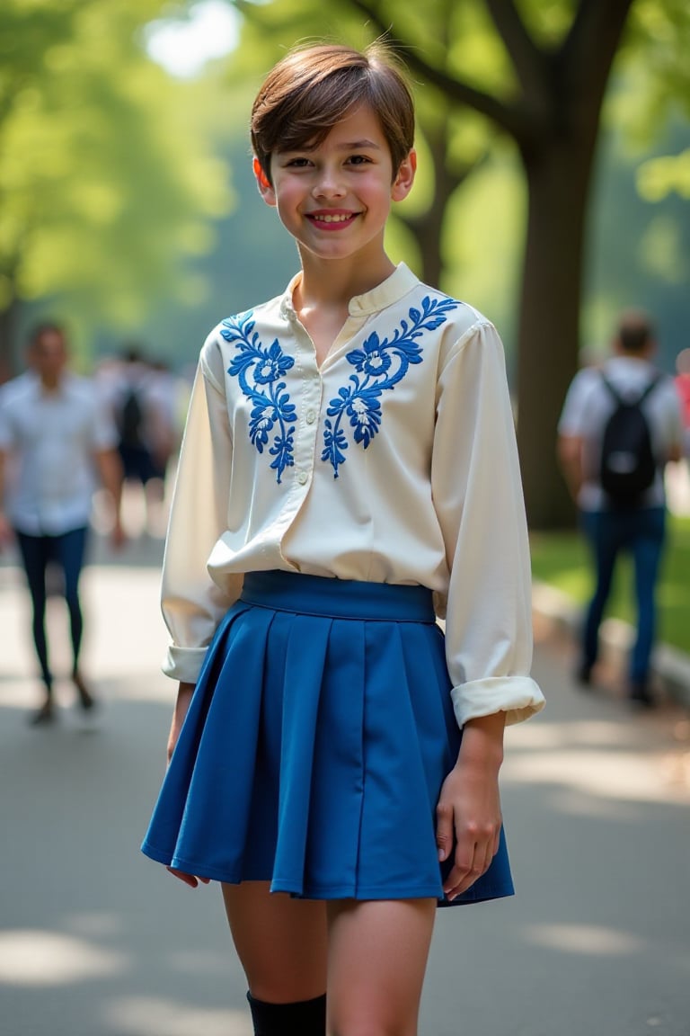 A male teenager with short hair and red lips, wearing a blue pleated miniskirt, ivory silk blouse with blue lace embroidery, black stockings, and high heels. He stands in a public park, smiling at the camera. The photo is shot with a 35mm lens, capturing a close-up of his confident expression against a natural background.